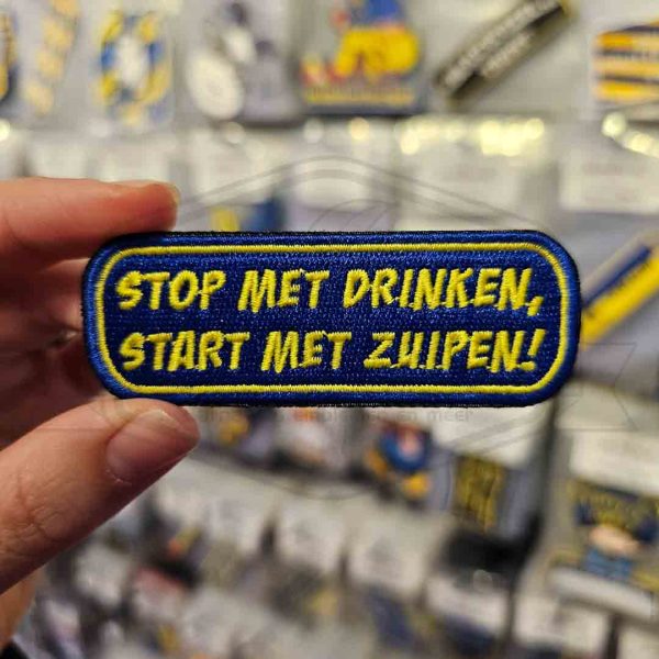 Embleem Stop met drinken, Start met zuipen Blauw/Geel