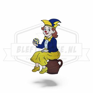 Rugembleem Blauw Geel Vrouw met steek, Kruikin, Ballefrutterin